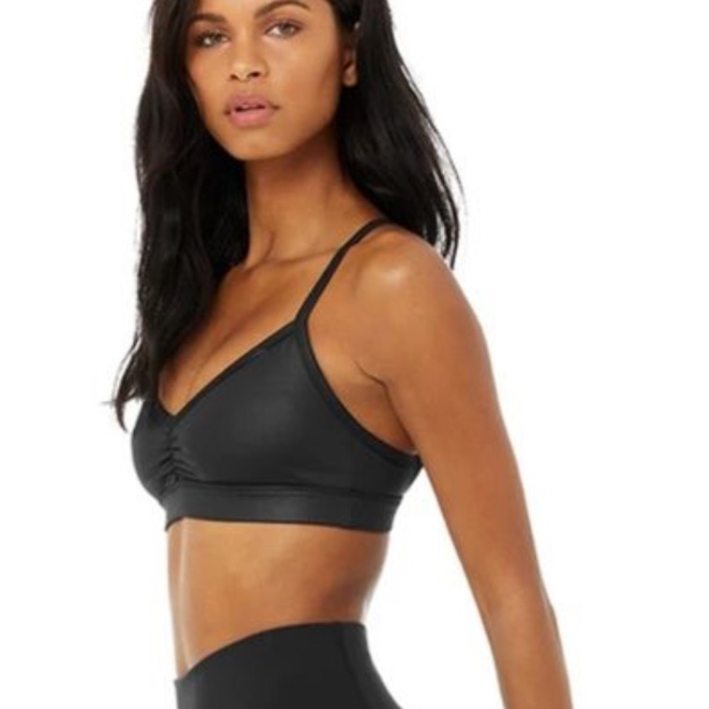ALO Yoga Sunny Strappy Black Performance Faux Leather Look Sports Bra S